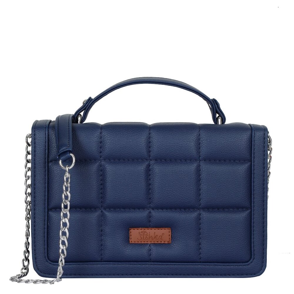 Ladies' Quilted Crossbody Sling Bag –Vegan Leather Blue Top Shoulder Handle Bag